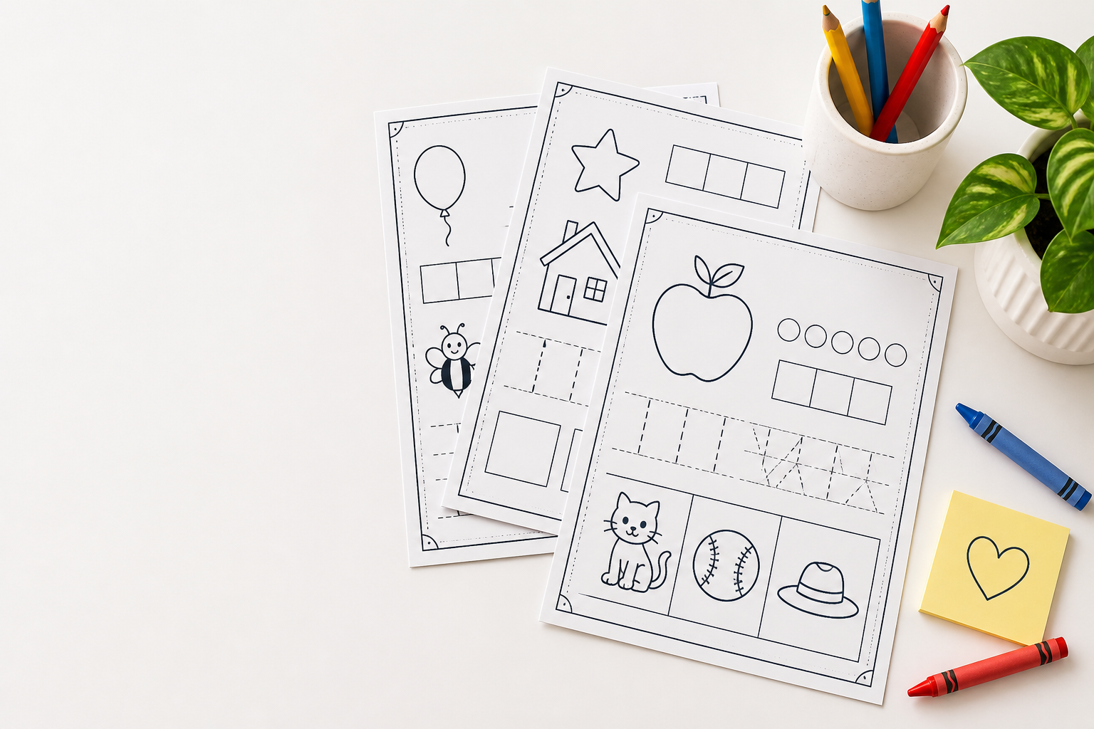 Printed black-and-white early reading worksheets on a desk with pencils and a plant