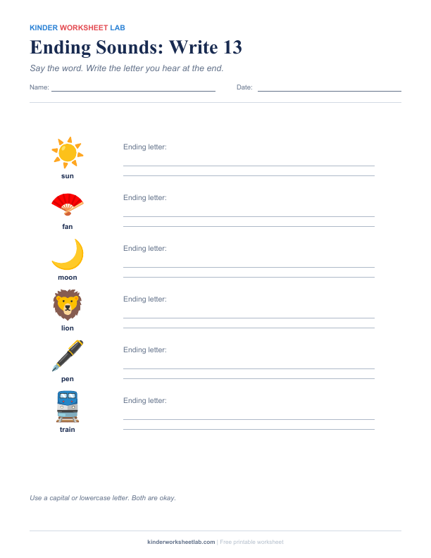 Ending Sounds: Write 13 worksheet preview