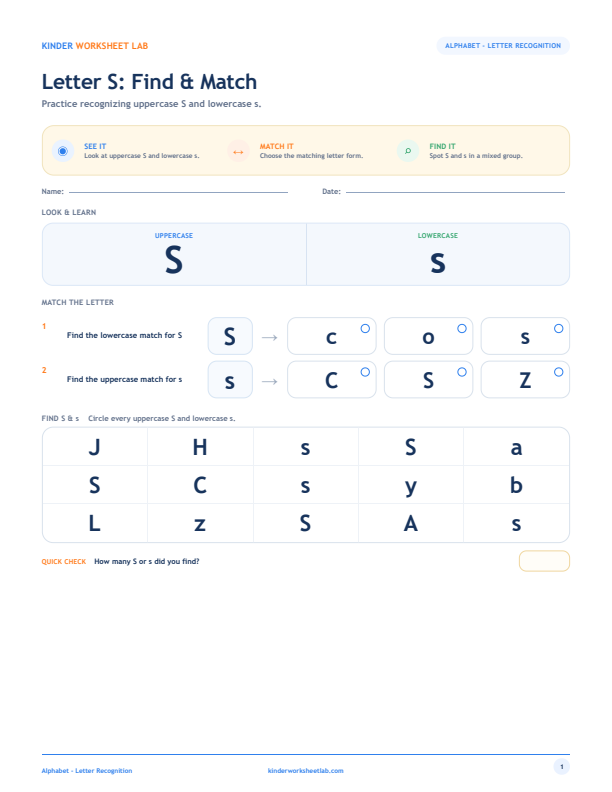 Letter S: Find & Match worksheet preview