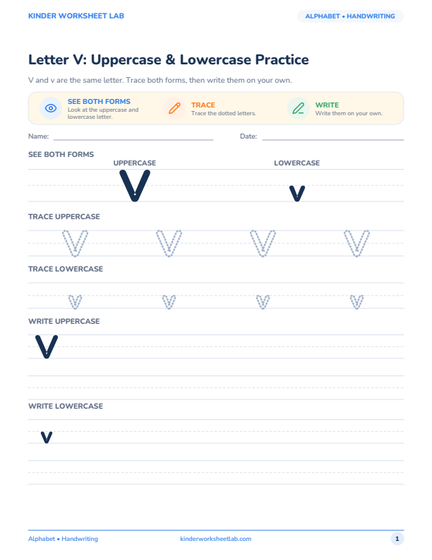 Letter V: Uppercase & Lowercase Practice worksheet preview