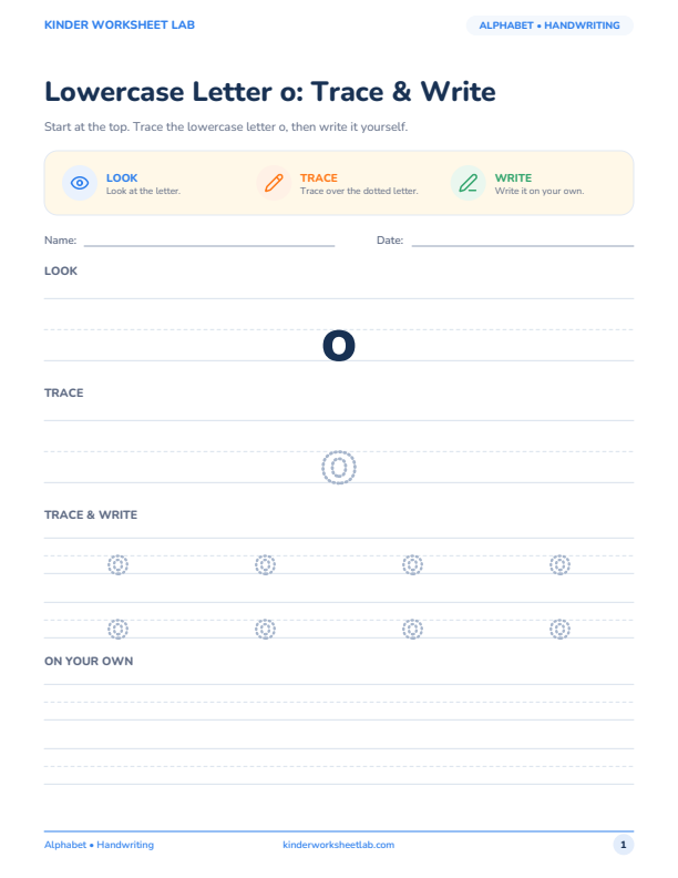 Lowercase Letter o: Trace & Write worksheet preview