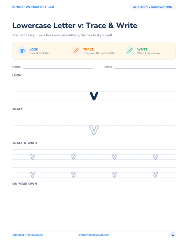 Lowercase Letter v: Trace & Write worksheet preview