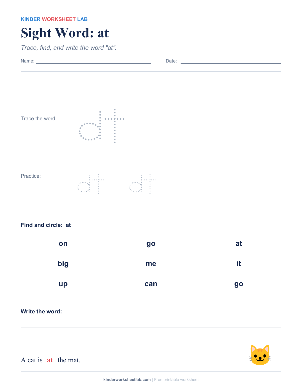 Sight Word: at worksheet preview