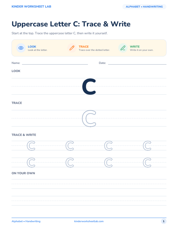 Uppercase Letter C: Trace & Write worksheet preview