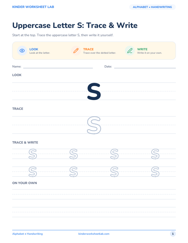 Uppercase Letter S: Trace & Write worksheet preview