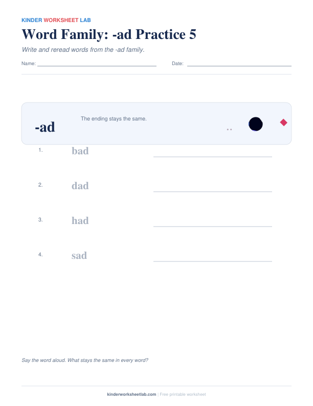 Word Family: -ad Practice 5 worksheet preview