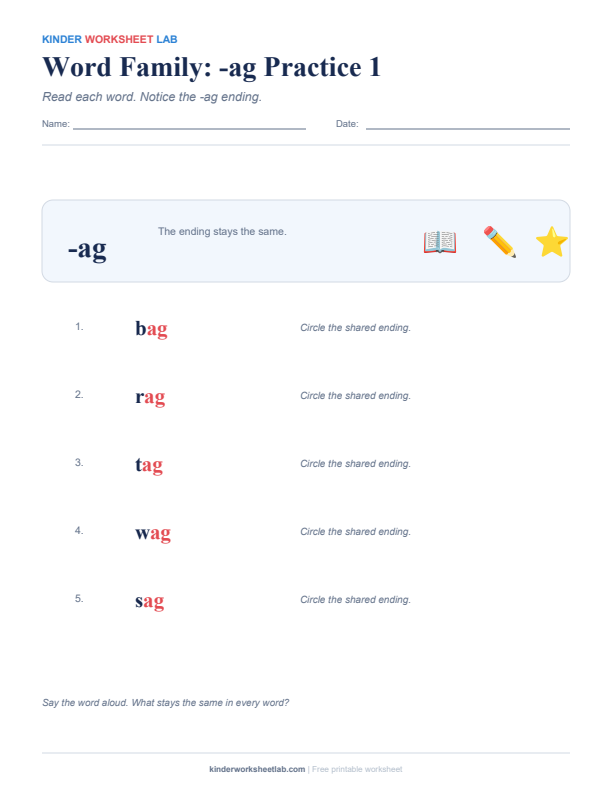 Word Family: -ag Practice 1 worksheet preview