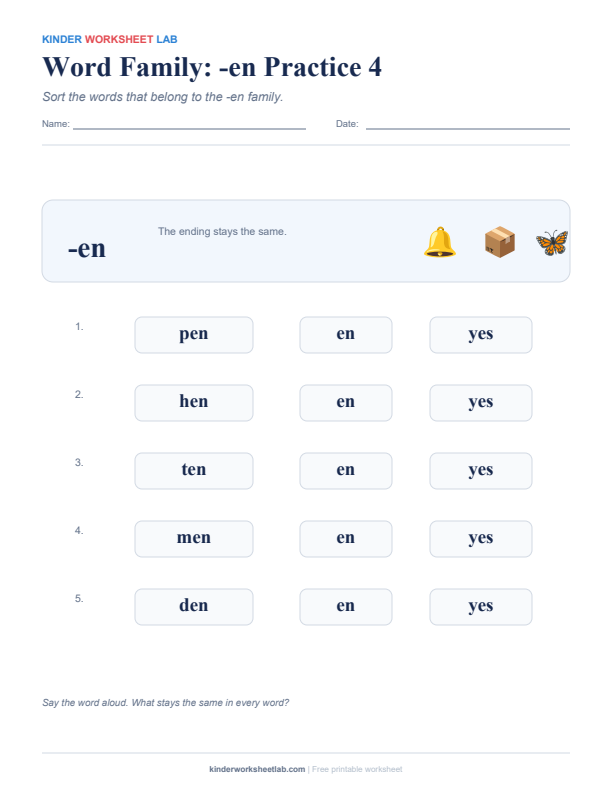 Word Family: -en Practice 4 worksheet preview