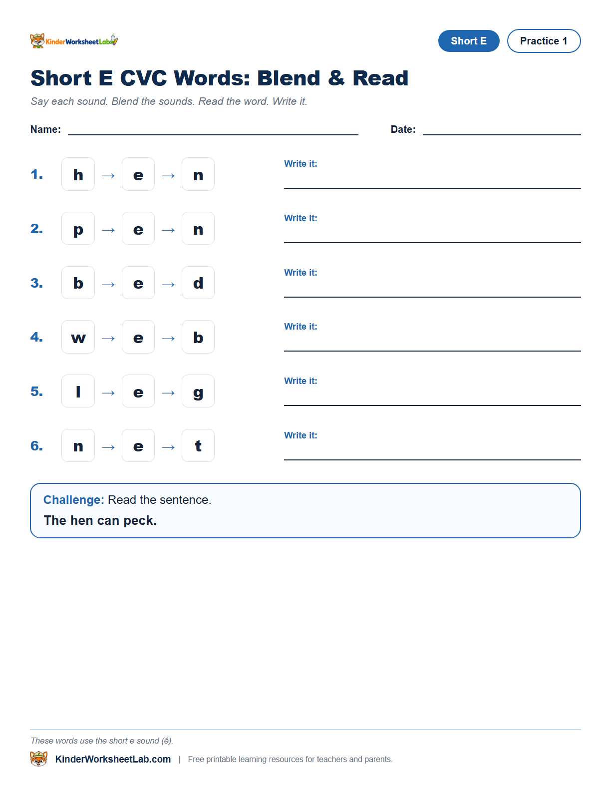 Hen CVC worksheet preview